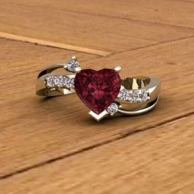 2Ct Heart Moissanite Red Ruby Engagement Solitaire 14k White Gold Plated Ring - Image 1 of 4