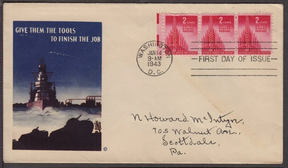 1943 Nations United for Victory Sc 907 unknown cachet, not listed Mellone's - Image 1 of 1