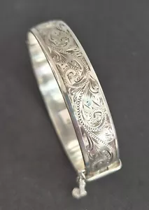 Vintage 1970 Solid 925 Sterling Silver Bangle Bracelet Engraved Foliate Design - Bild 1 von 4