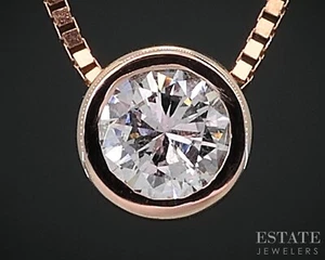 14k Rose Gold Round Natural .38ct Diamond Bezel Solitaire Necklace 3.2g i18580 - Picture 1 of 5