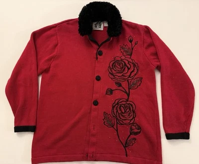 Cárdigan bordado rosa rojo de punto Storybook cuello de piel sintética de colección grande para mujer Foto 1 de 4