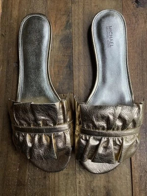 Michael Kors Gold Leather Ruffled Slide Sandals Size 8 M - Image 1 of 4