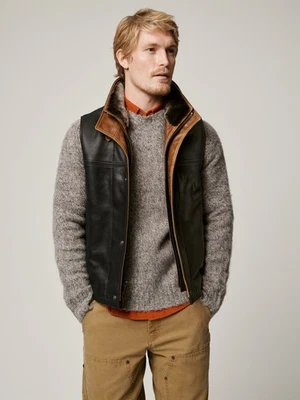 Men’s Leather Shearling Vest Gilet Black Brown Biker Waistcoat Winter Jacket Fur - Image 1 of 4