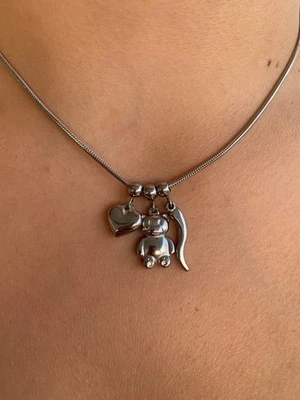 Collana Ciondoli Cuore Orsetto Corno Acciaio Inox | Gioiello Simbolico - Immagine 1 di 4
