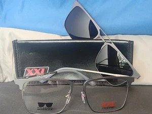New Men's XXL Eyeglass Frame w/ Polarized Sun Clip Messi Pewter/Silver Metal 58 - Picture 1 of 17