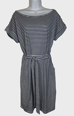 Vestido de moda para mujer grande azul marino y blanco a rayas manga corta elástico lazo cintura nuevo con etiquetas Foto 1 de 4