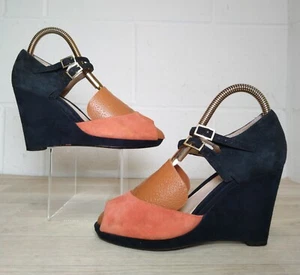 Clarks Narrative Wedge High Heel Shoes UK 3D Navy Orange Suede Peep Toe - Picture 1 of 19