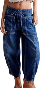 Women's Trendy Mid Rise Barrel Jeans Drawstring Boyfriend Denim Pants Harem Y2K - Picture 1 of 24