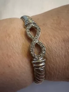 Rhinestone Studded Infinity Symbol Twist Band Stretch Bracelet Silver Tone 7.5” - Picture 1 of 12
