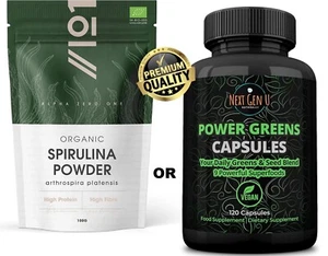 Super Greens & Seeds Blend. Natural Superfoods x120 Capsules OR Spirulina Powder - Picture 1 of 11