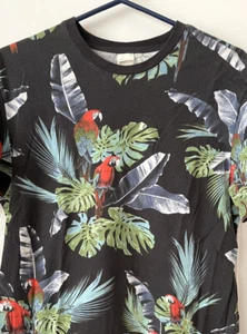 Tropical Flora Parrots T-Shirt Black floral bird print short sleeve Small - Picture 1 of 7