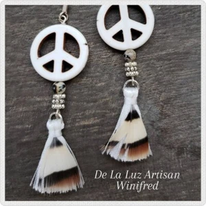 Peace Sign Feather Earrings White Howlite Boho Beach Hippie Desert Vibe Nature - Picture 1 of 9