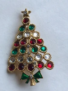 Vintage B.C. Lind signiert goldfarben mit rundem rot grün & weißem Strass Weihnachten - Bild 1 von 6