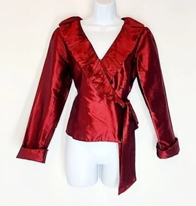 Sunny Leigh 100% Silk Satin Ruffle Wrap Top Burgundy Wine Red Women's 4 SMALL - Picture 1 of 16