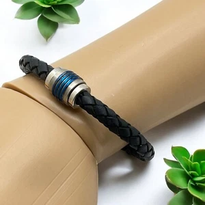 Mens Braided Bracelet Black Leather With Silver Tone & Blue Accents Unique & Co - Picture 1 of 7