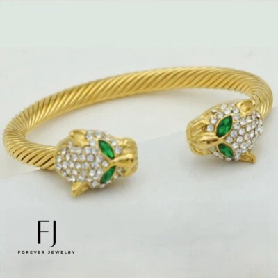 Brazalete Hombre 7" Acero Inoxidable.Doble Pantera.Cable Puño Circonita Chapado en Oro*Caja Foto 1 de 3