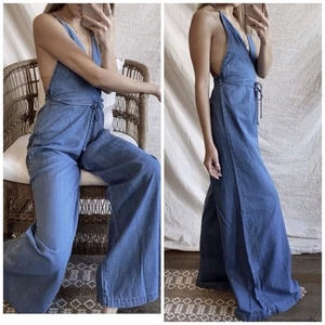 Free People Josie Jumpsuit Deep V-Neck Denim Wide Leg Open Back Halter Sz L - Picture 1 of 14