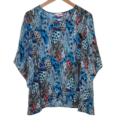Blusa de seda feminina Tianello tamanho M bainha assimétrica boho artística estampa abstrata - Imagem 1 de 4