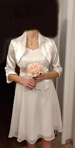 Hochzeitskleid midi, weiß, mit Schulterjäckchen, weiß glänzend, ca. Größe 38 - Bild 1 von 1