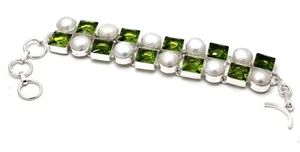 925 Sterling Silver Peridot & Pearl Gemstone Jewelry Bracelet Size-7-8" - Picture 1 of 7