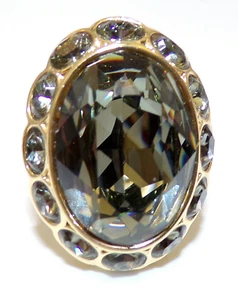 AKKAD Signed LARGE Modern SMOKEY QUARTZ SWAROVSKI Crystal GOLD TONE RING Sz 7 - Picture 1 of 8