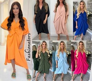 New Women's Top Midi Dress Twist Front Smock Knotted Loose Fit Short Sleeve UK
