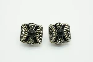 Sterling Silver Judith Jack Onyx & Marcasite Omega Clip Back Earrings - Picture 1 of 8