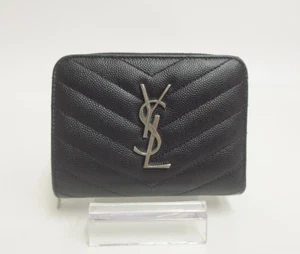 Authentic YSL Saint Laurent Leather V stitch Zip Around Compact Wallet #32662 - Picture 1 of 19