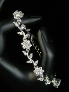 Bridesmaid Clear Crystal Flower Silver Plated Bracelet / Bridal / Prom b/187 - Picture 1 of 3