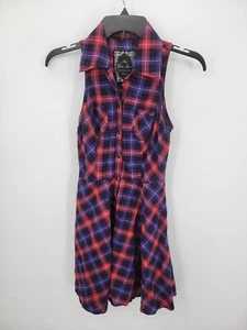 Guess Jeans Dress Womens Small Red Purple Plaid Sleeveless Button Up Flared Y2K - Picture 1 of 9