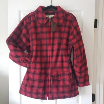 LL BEAN MAINE GUIDE Women’s Wool Parka Coat 271121 Sz L Red Black Buffalo Plaid - Image 1 of 4