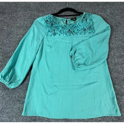 Ann Taylor Petite Teal Blue Floral Embellished Long Sleeve Shift Dress 2P - Image 1 of 4