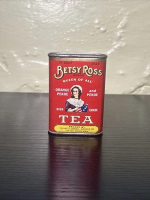 VINTAGE BETSY ROSS TEA TIN & CARDBOARD CONTAINER 3 1/2"  1930s Paper Label - Image 1 of 4