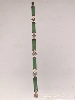 14K золото зеленый твердый камень жадеит китайские иероглифы браслет 8.9G TW - Изображение 1 из 4