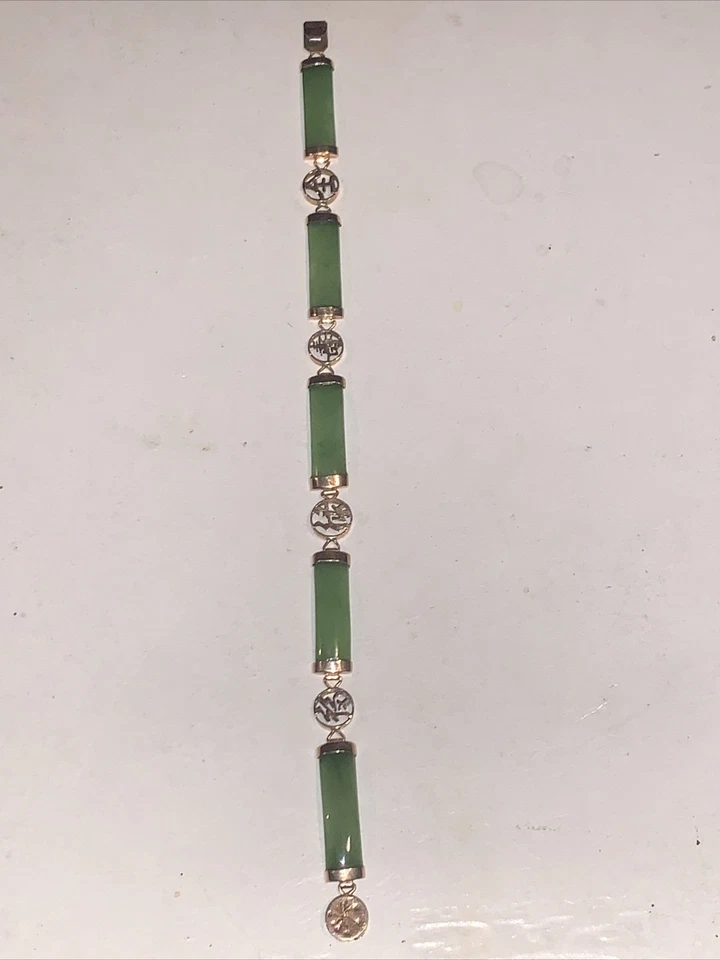 Brazalete Oro 14K Verde Piedra Dura Jadeíta Personajes Chinos 8.9G TW Foto 1 de 4