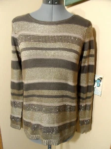 CHICO'S Metallic Studs Sweater Top Plus 0X Brown Gold Khaki stripe Scoop neck LS - Picture 1 of 7