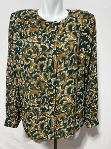 Laura & Jayne Size 14 Women Blouse Dark Green w/ Light Brown Leaves Button Down - Picture 1 of 4