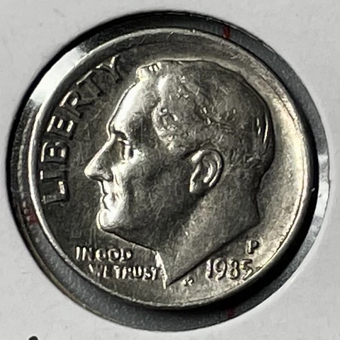 1985 P Dime, US Roosevelt Coin. Misaligned Obverse and Reverse Die, DDO and DDR Cover