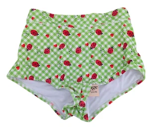 Unique Vintage Ladybug Gingham High Waisted Boy Short Bikini Bottoms Green Small - Picture 1 of 5