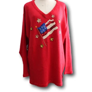 QUACKER FACTORY 2X VTG American Pride V Neck Tunic Sweater Red NWT - Picture 1 of 4