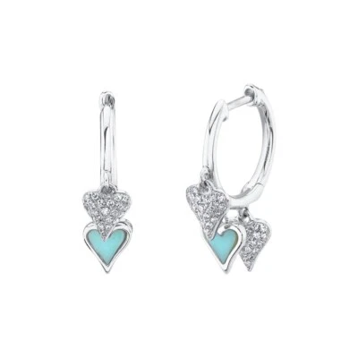 14K White Gold Diamond Turquoise Heart Earrings Huggie Shakers 0.33 CTW - Image 1 of 3