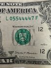 FOUR IN A ROW 4S FANCY SERIAL NUMBER EXTRA PAIR ONE DOLLAR 4S 5S L05544447F