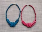 Bright Blue Pink Wooden Chunky Statement Necklaces Round Discs 80s Vintage Set