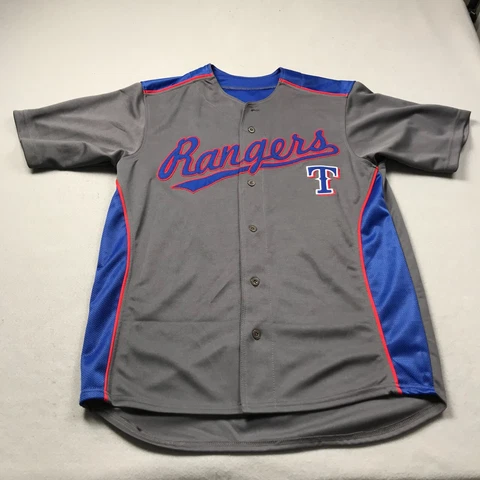Texas Rangers Jersey Mens Medium Gray Blue Stitches Button MLB Logo Short Sleeve Cover
