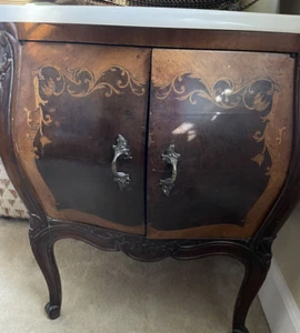 Pair Antique Bombe Marble top Inlaid French Side Tables/Cabinets - Picture 1 of 12