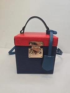 MM Box Handbag Purse Blue Red Gold Hardware Handle Crossbody NWOT - Picture 1 of 10