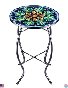 Mesa auxiliar de mosaico de exterior VCUTEKA, tapa redonda de vidrio, mesa auxiliar de patio pequeña, 20 - Imagen 1 de 6
