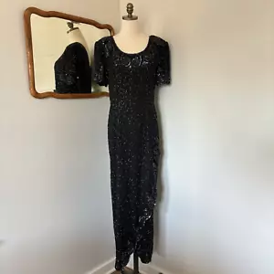 Vtg 90s Stenay Silk Dress 12 Black Metallic Beaded Sequin Scallop Evening Formal - Picture 1 of 24
