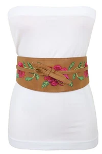 Women Wide Brown Faux Leather Wrap Asian Fashion Kimono Tie Belt Red Flowers S M - Picture 1 of 12