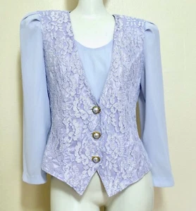 Vintage 80s Zeeba Powder Purple Chiffon Lace Tuxedo Blouse Top Retro S S/M - Picture 1 of 4
